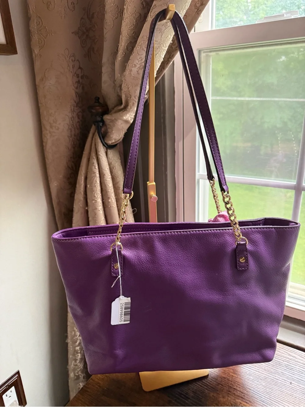 Michael Kors Purple Leather Tote Bag with Pink Scarf Accent - Picture 5 of 9